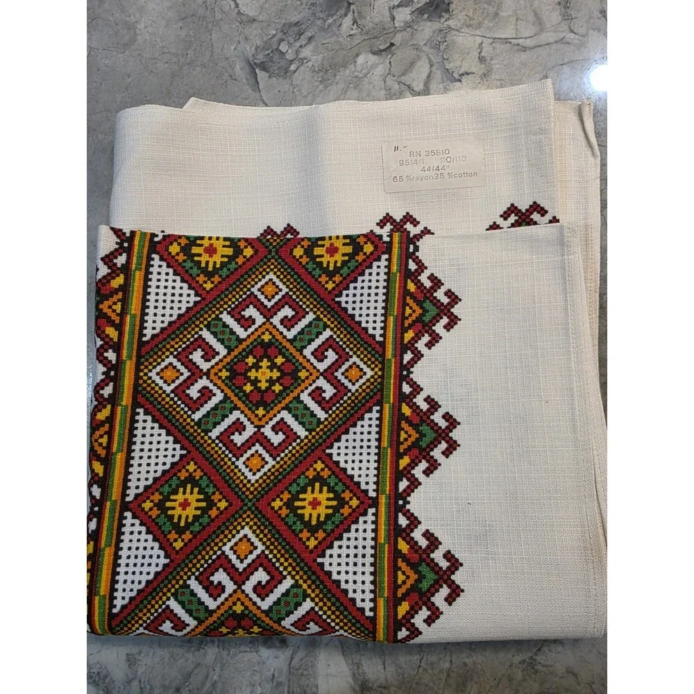 Vintage Ukrainian Folk Art Printed Square Tablecloth 44x44 Cross Stitch Pattern